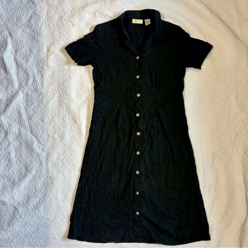 Black Linen Blend Embroidered Button-Front Midi Dress | Mosaic | Size 10 - Picture 3 of 14